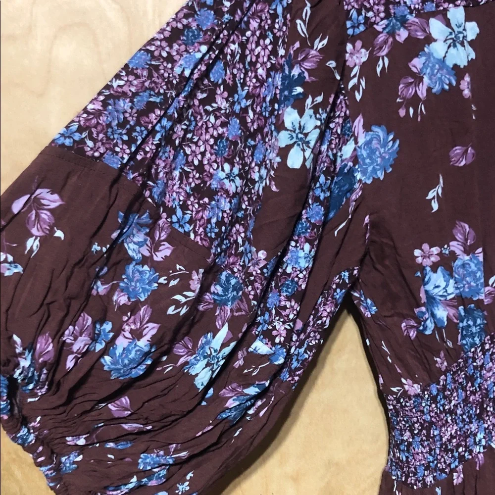 Free People Prairie Punk Brown mauve Floral 3/4 sleeve button front S M L - Picture 7 of 9
